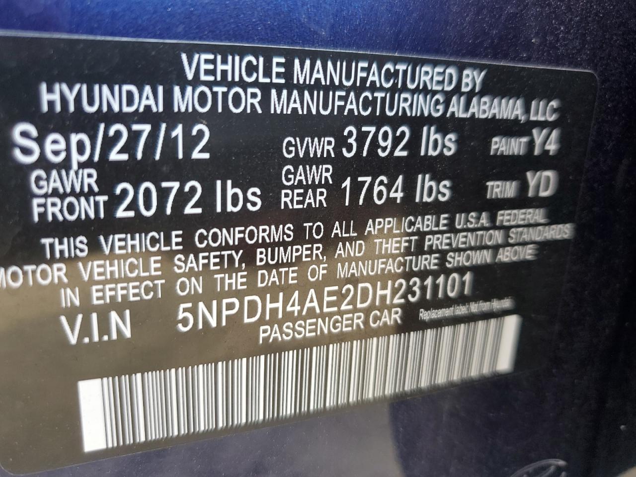 2013 Hyundai Elantra Gls VIN: 5NPDH4AE2DH231101 Lot: 65513675