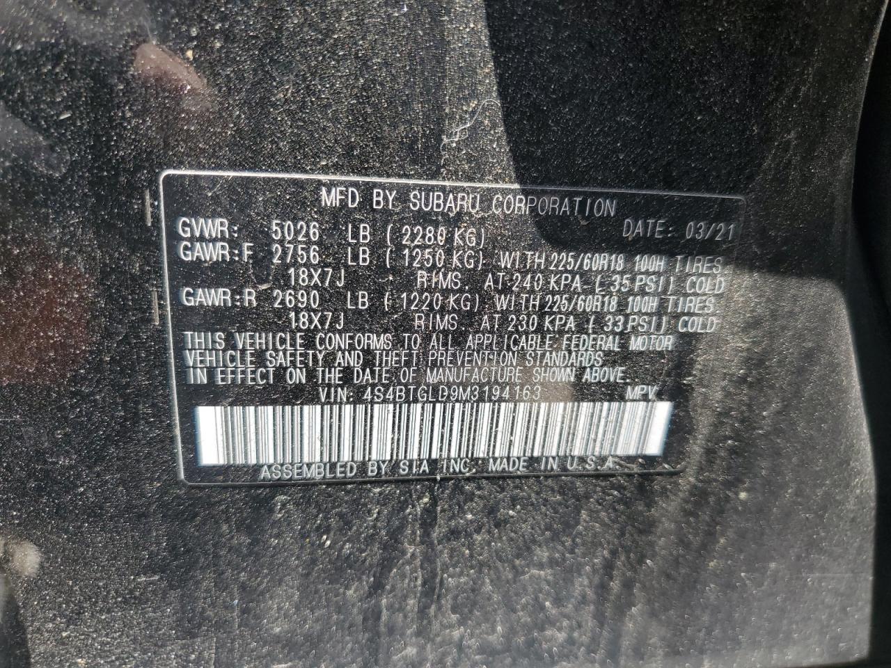 2021 Subaru Outback Onyx Edition Xt VIN: 4S4BTGLD9M3194163 Lot: 64724625