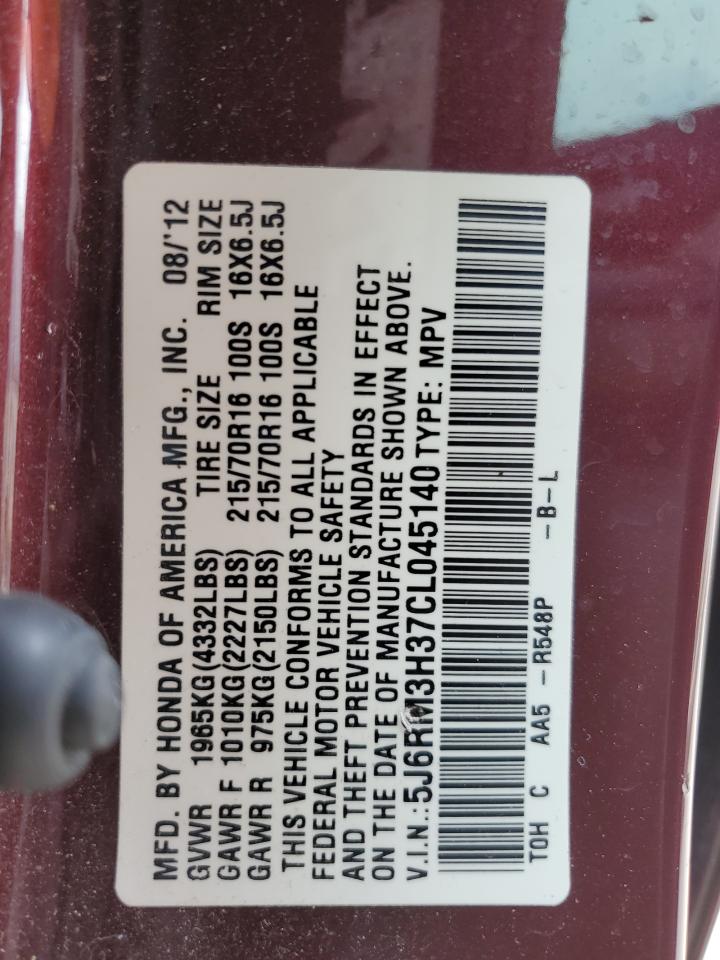 2012 Honda Cr-V Lx VIN: 5J6RM3H37CL045140 Lot: 65376805
