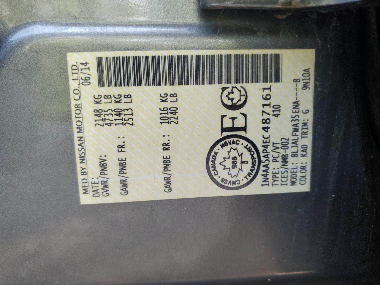 1N4AA5AP4EC487161 2014 Nissan Maxima S