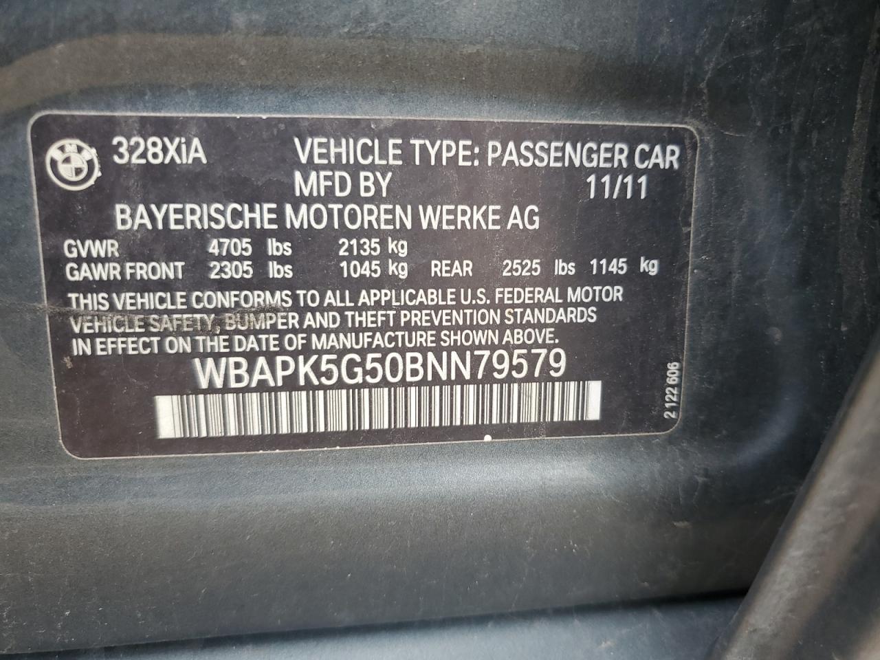 2011 BMW 328 Xi Sulev VIN: WBAPK5G50BNN79579 Lot: 64960165