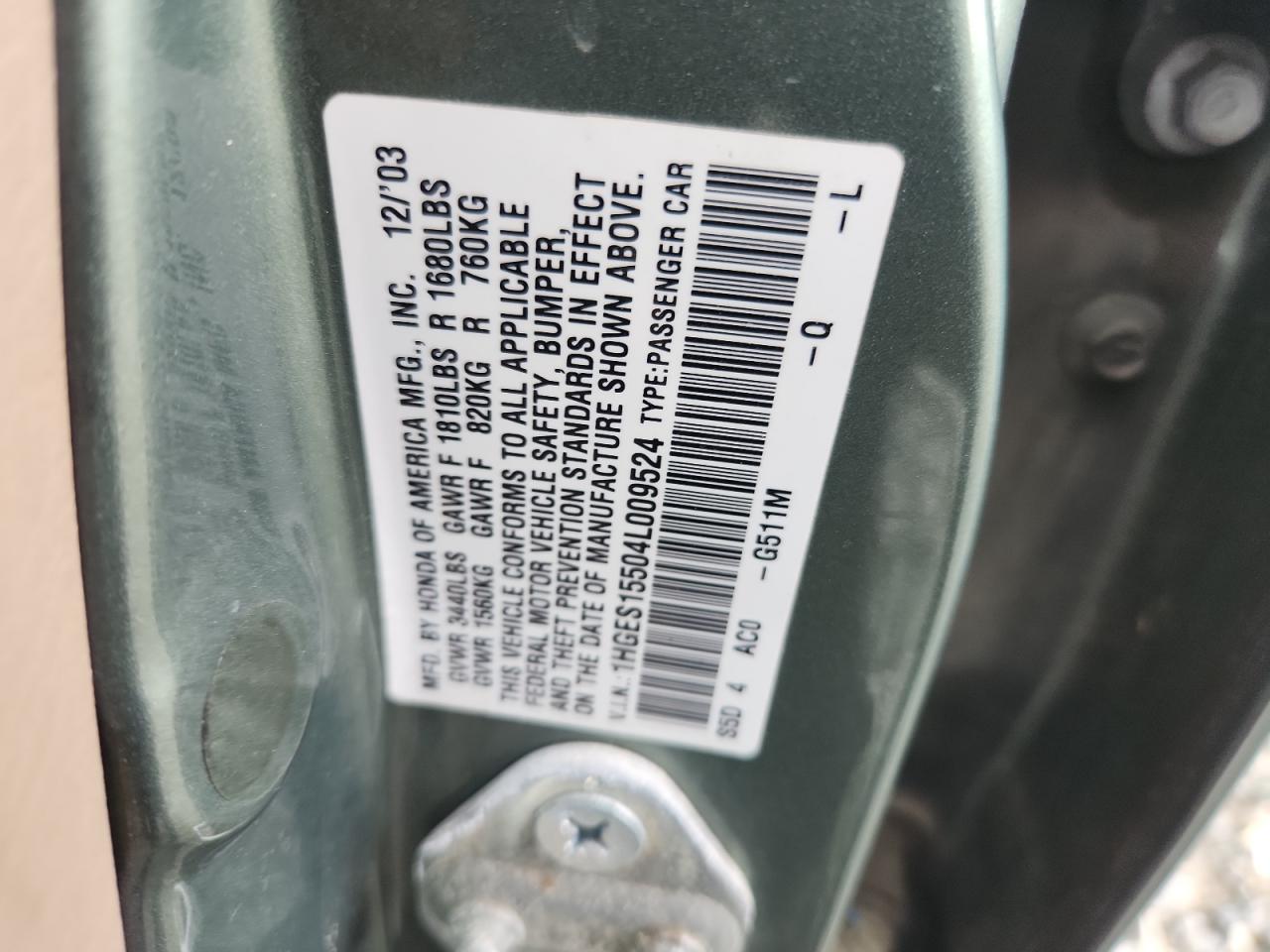 2004 Honda Civic Lx VIN: 1HGES15504L009524 Lot: 64811895