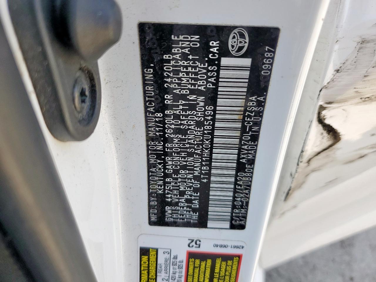 2019 Toyota Camry L VIN: 4T1B11HK0KU185496 Lot: 63369045