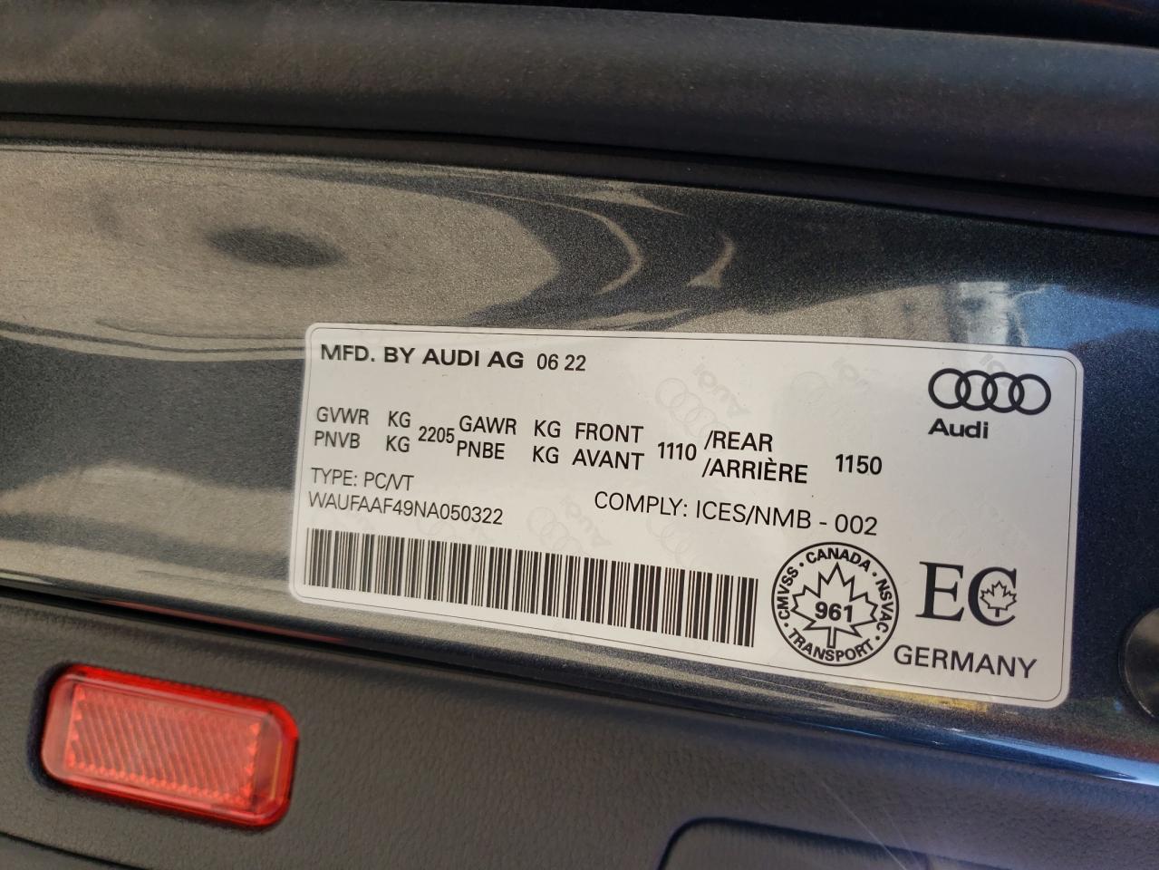 2022 Audi A4 Prestige 45 VIN: WAUFAAF49NA050322 Lot: 65263635