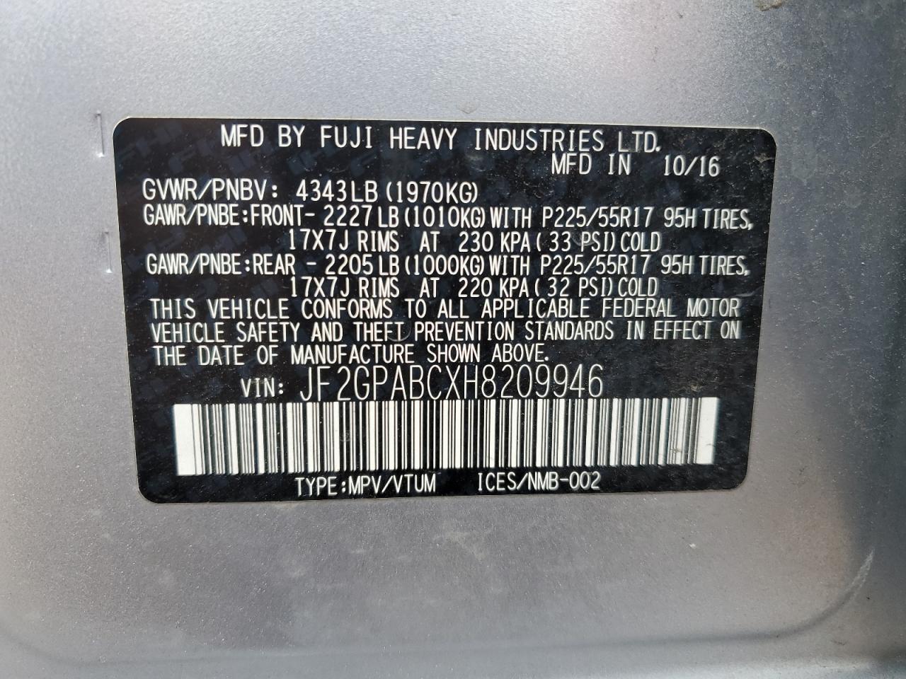 2017 Subaru Crosstrek Premium VIN: JF2GPABCXH8209946 Lot: 64245265