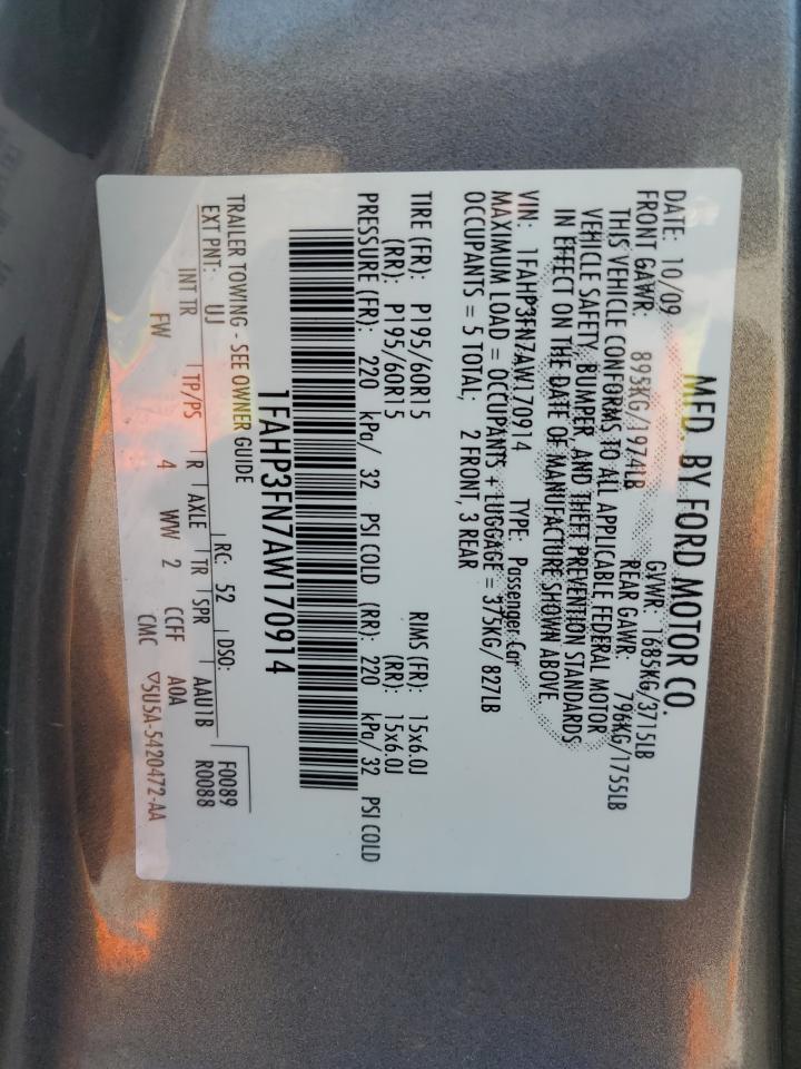 2010 Ford Focus Se VIN: 1FAHP3FN7AW170914 Lot: 66868085