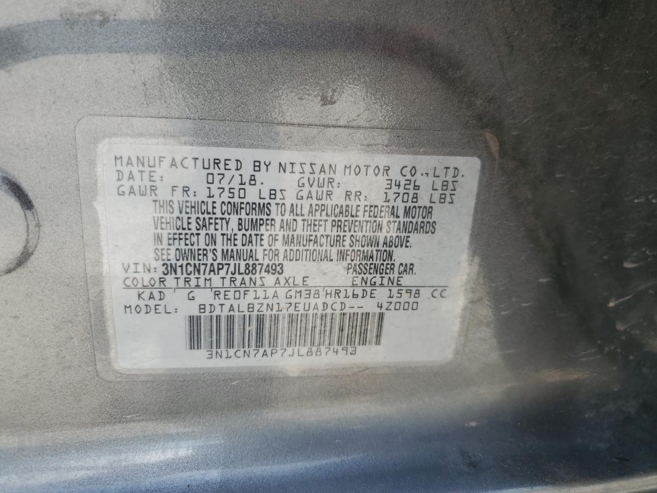 2018 Nissan Versa S VIN: 3N1CN7AP7JL887493 Lot: 63016455