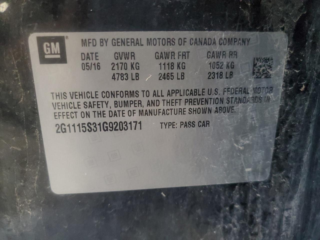 2016 Chevrolet Impala Lt VIN: 2G1115S31G9203171 Lot: 66670045