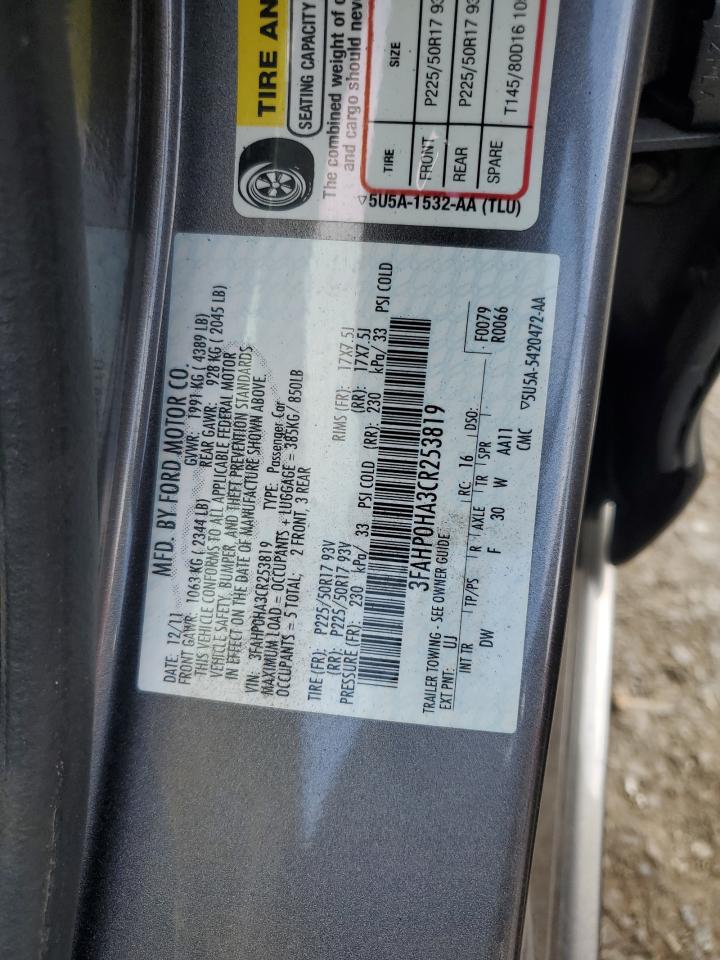 2012 Ford Fusion Se VIN: 3FAHP0HA3CR253819 Lot: 65015715