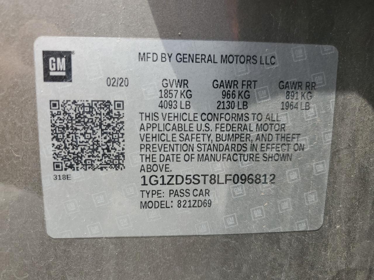 2020 Chevrolet Malibu Lt VIN: 1G1ZD5ST8LF096812 Lot: 64676135
