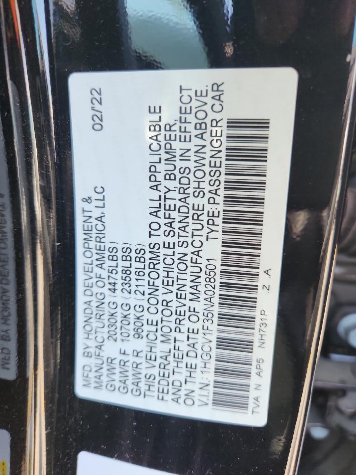 2022 Honda Accord Sport VIN: 1HGCV1F35NA028501 Lot: 64509475