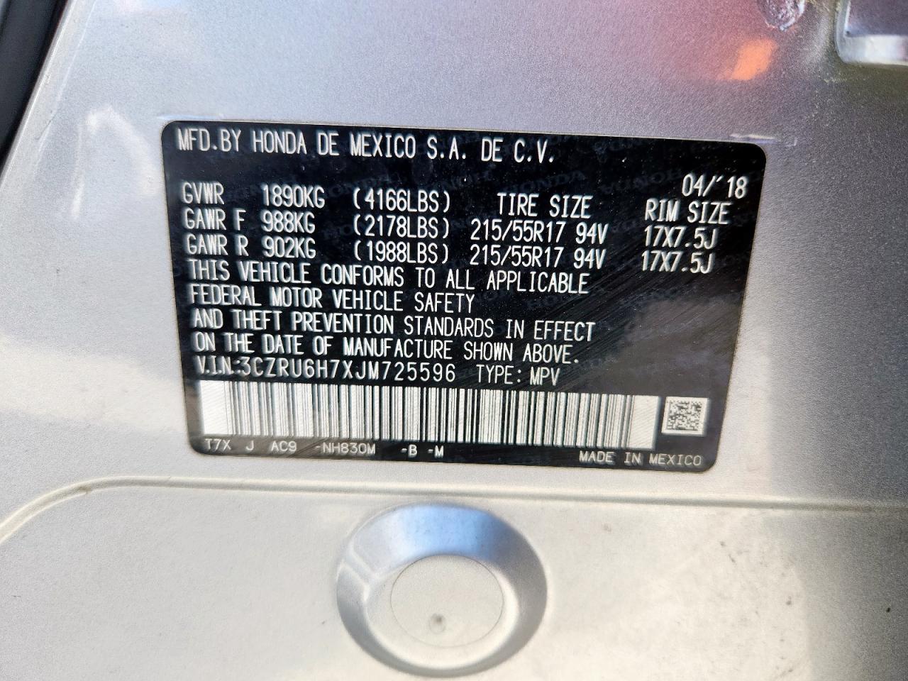 2018 Honda Hr-V Exl VIN: 3CZRU6H7XJM725596 Lot: 63785405