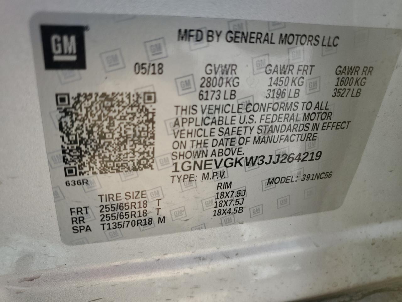 2018 Chevrolet Traverse Lt VIN: 1GNEVGKW3JJ264219 Lot: 63342055