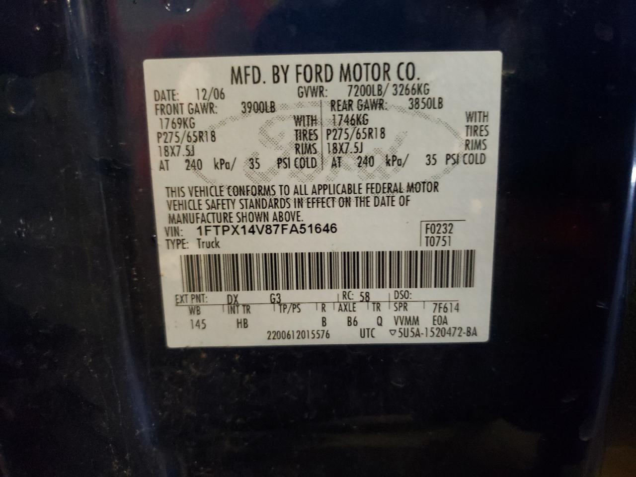 2007 Ford F150 VIN: 1FTPX14V87FA51646 Lot: 64751655