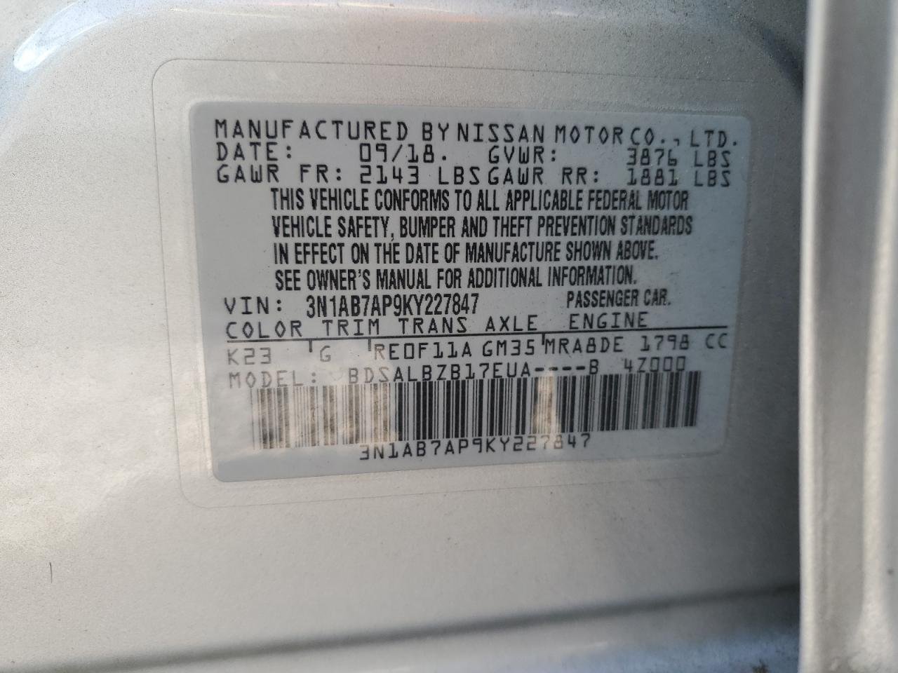 2019 Nissan Sentra S VIN: 3N1AB7AP9KY227847 Lot: 65614675