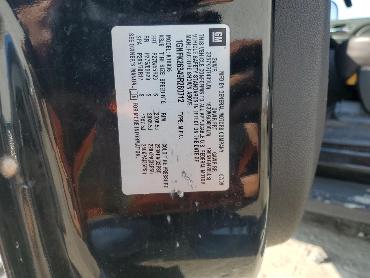 2009 Chevrolet Suburban K1500 Lt VIN: 1GNFK26349R260712 Lot: 62537685