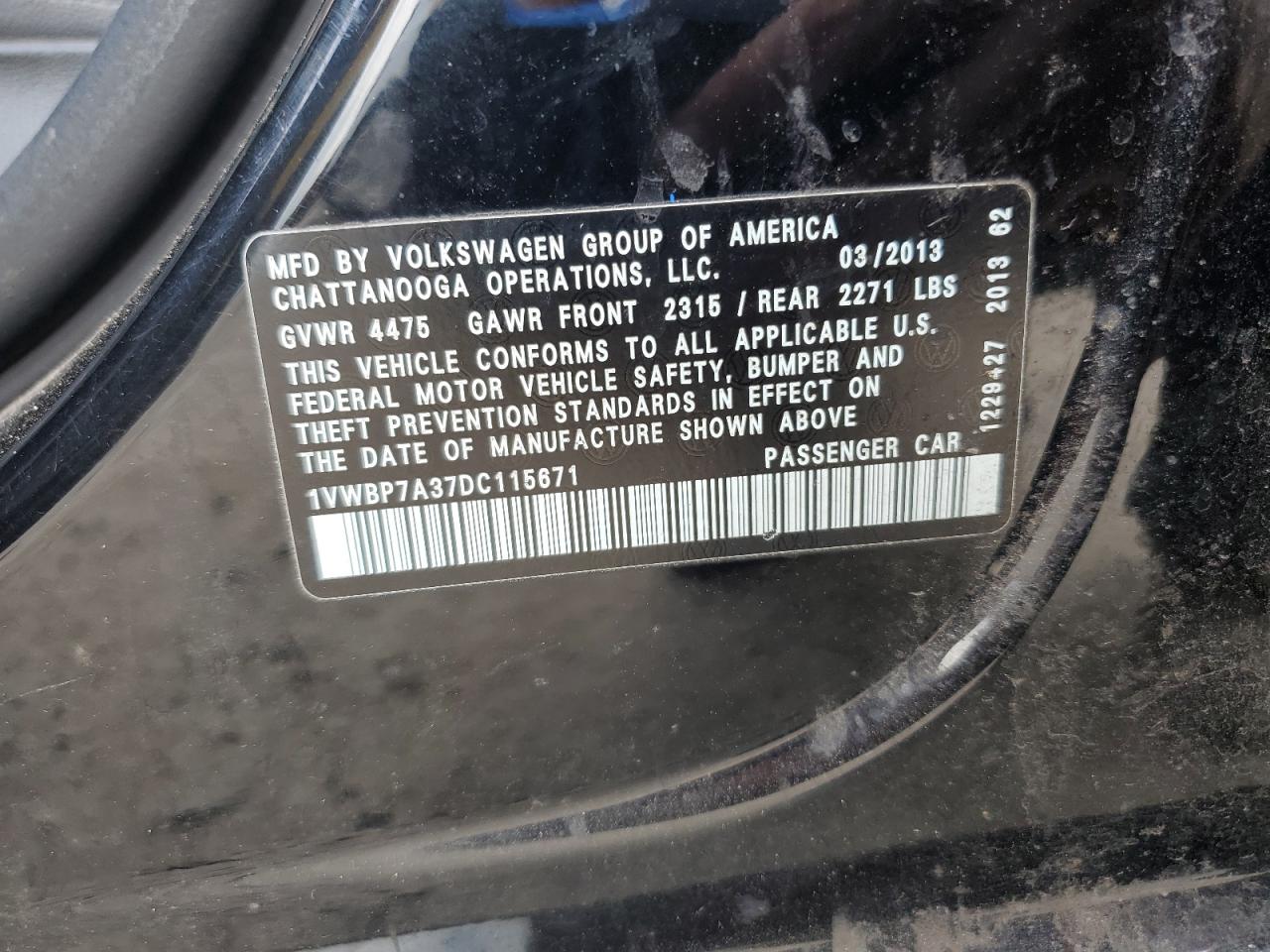 2013 Volkswagen Passat Se VIN: 1VWBP7A37DC115671 Lot: 66274225