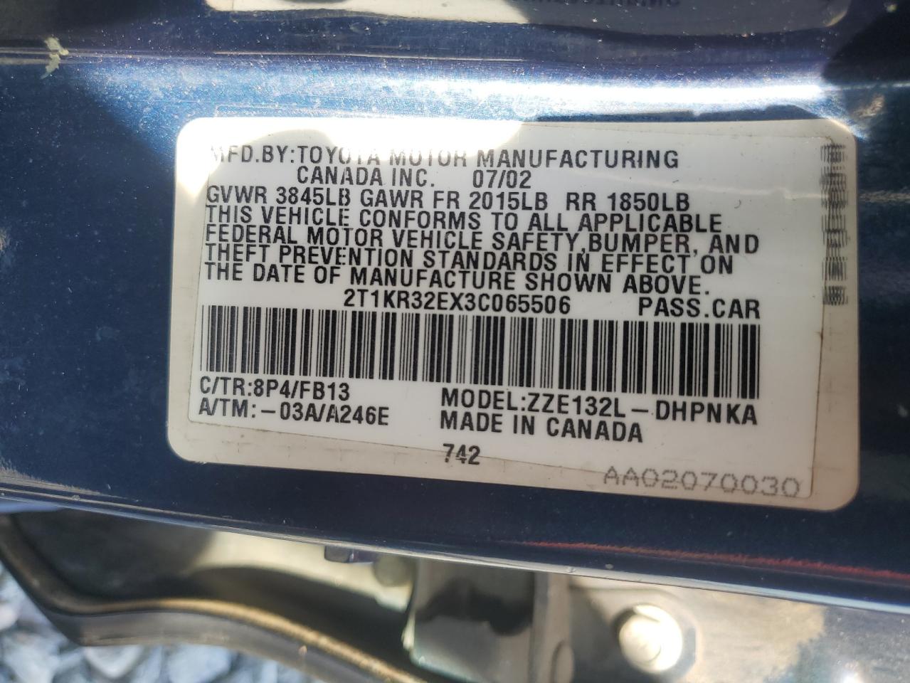 2003 Toyota Corolla Matrix Xr VIN: 2T1KR32EX3C065506 Lot: 64069495