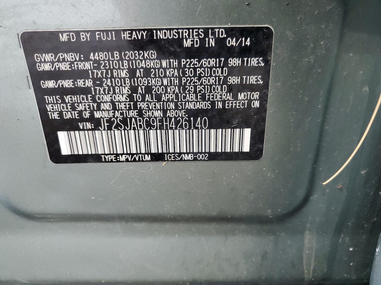 2015 Subaru Forester 2.5I VIN: JF2SJABC9FH426140 Lot: 64782525