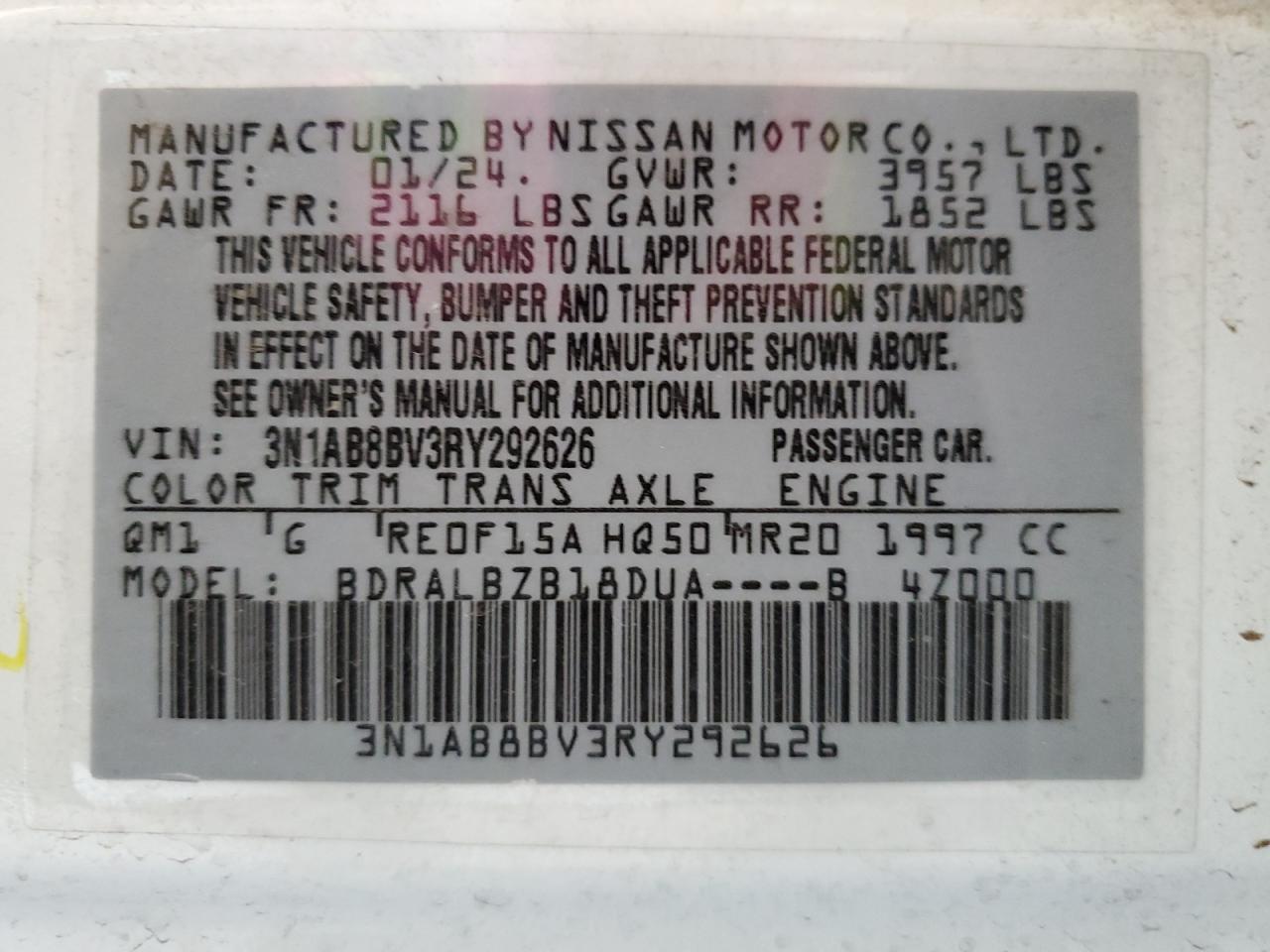 2024 Nissan Sentra S VIN: 3N1AB8BV3RY292626 Lot: 65567155