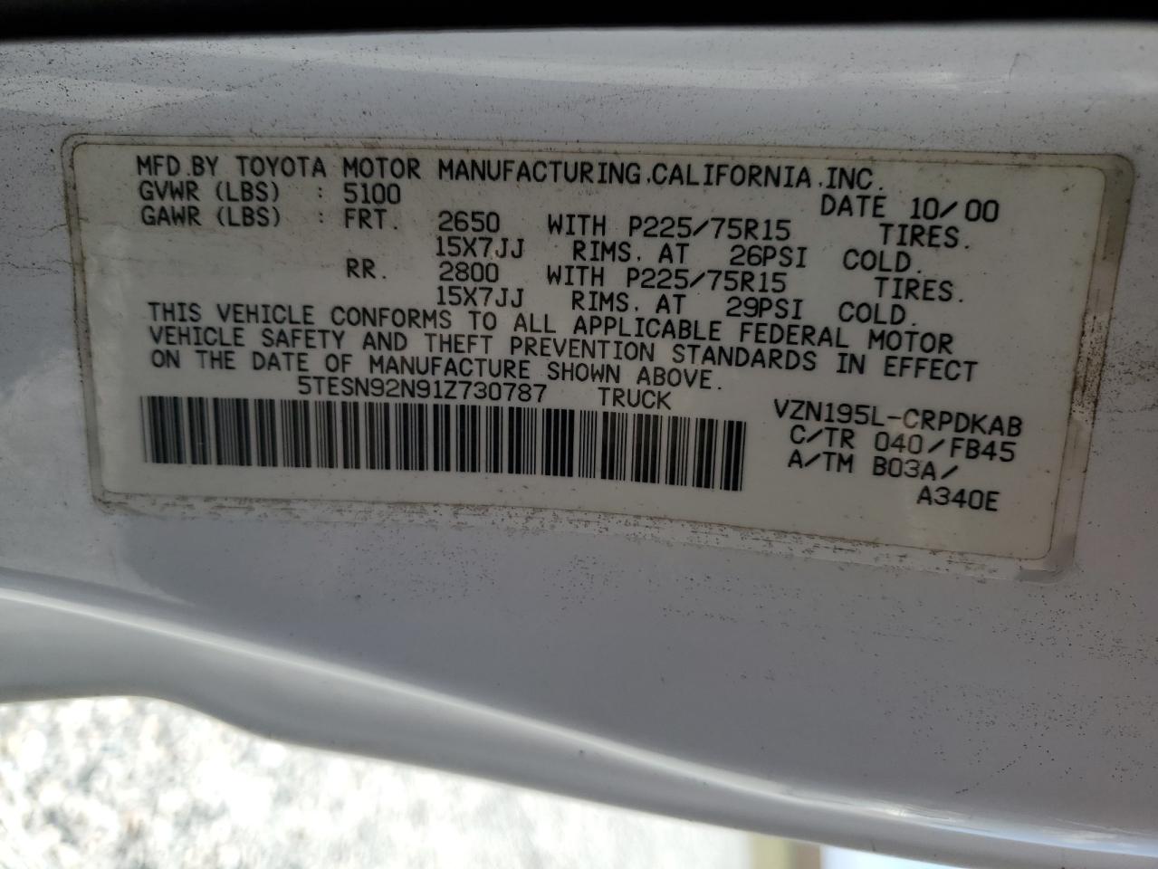 2001 Toyota Tacoma Xtracab Prerunner VIN: 5TESN92N91Z730787 Lot: 63986845