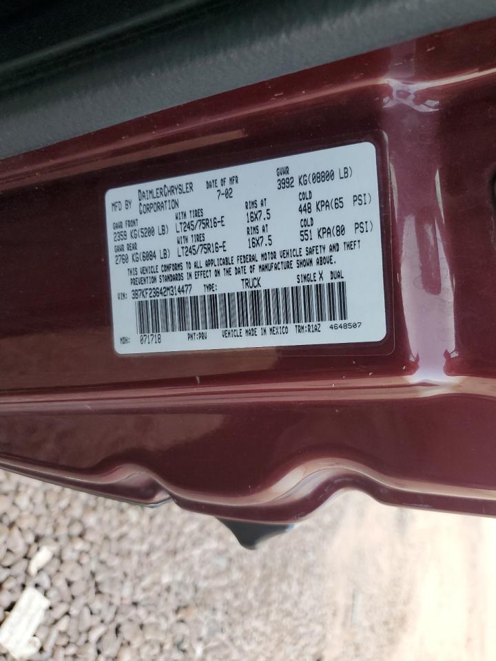 2002 Dodge Ram 2500 VIN: 3B7KF23642M314477 Lot: 62960605