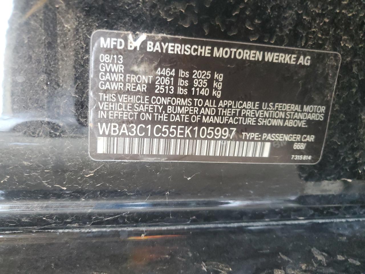 2014 BMW 328 I Sulev VIN: WBA3C1C55EK105997 Lot: 64676395