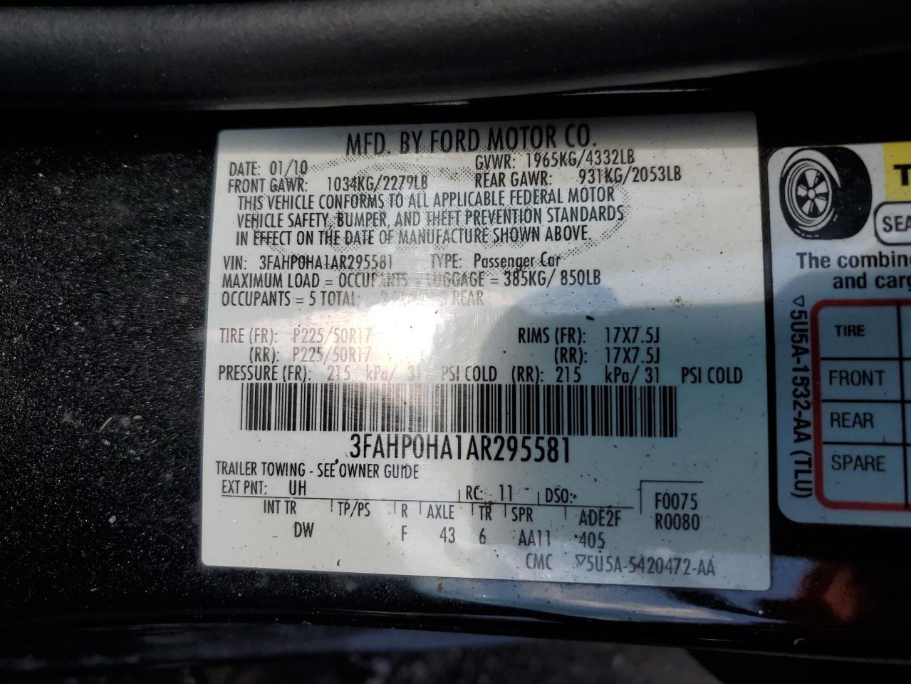 2010 Ford Fusion Se VIN: 3FAHP0HA1AR295581 Lot: 64620855