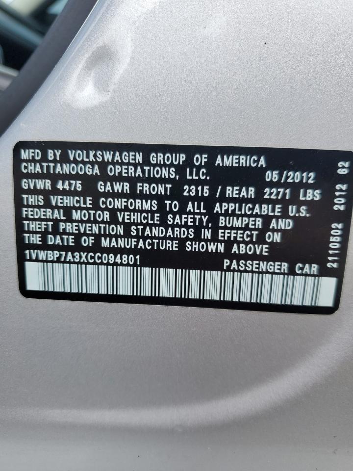 2012 Volkswagen Passat Se VIN: 1VWBP7A3XCC094801 Lot: 63775565
