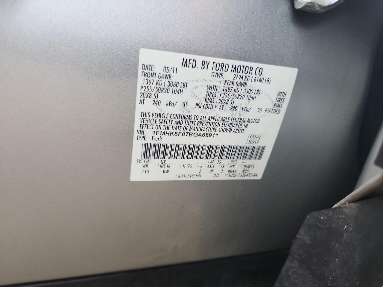 2011 Ford Explorer Limited VIN: 1FMHK8F87BGA68911 Lot: 64644735