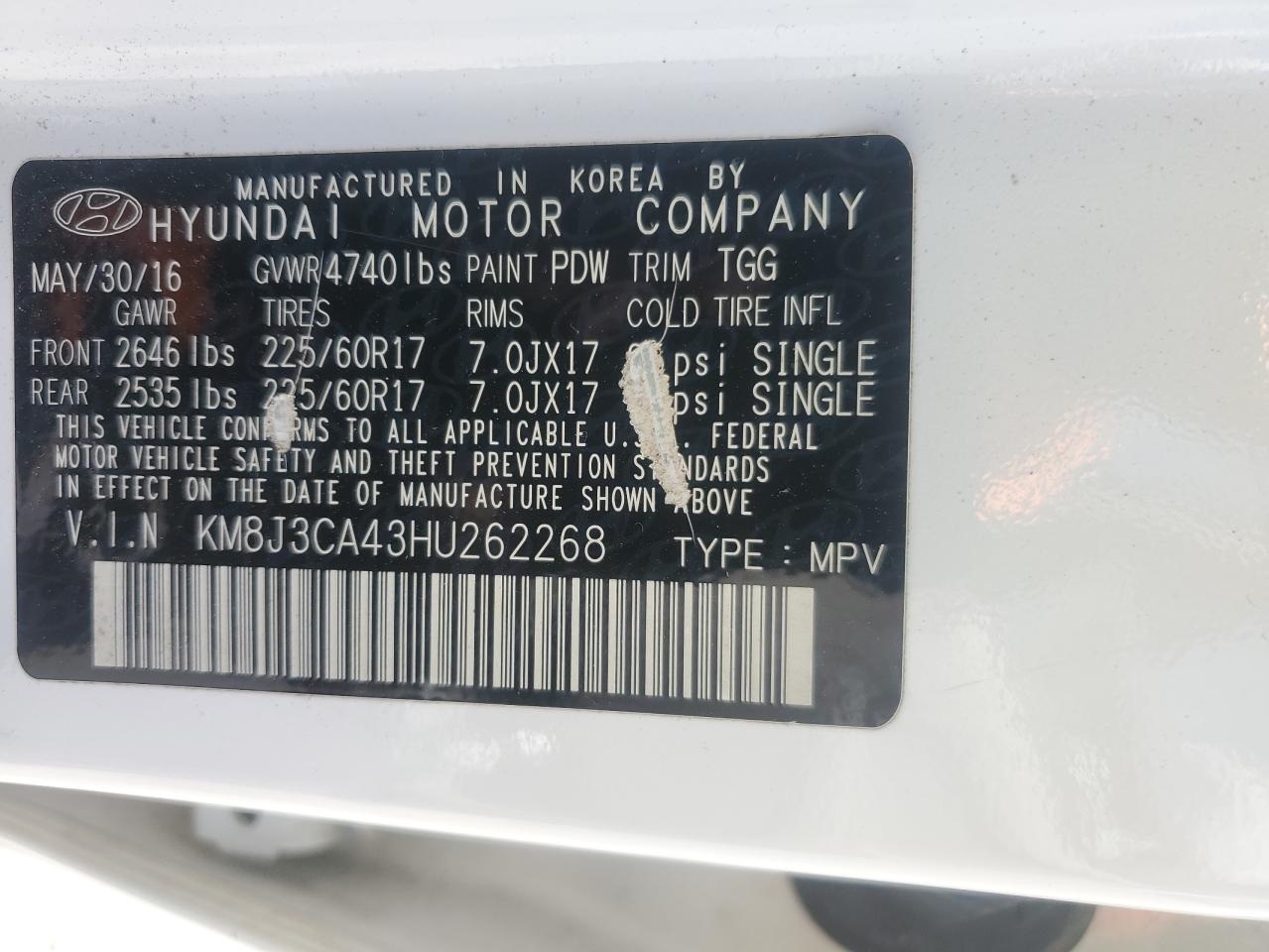 2017 Hyundai Tucson Limited VIN: KM8J3CA43HU262268 Lot: 66382185