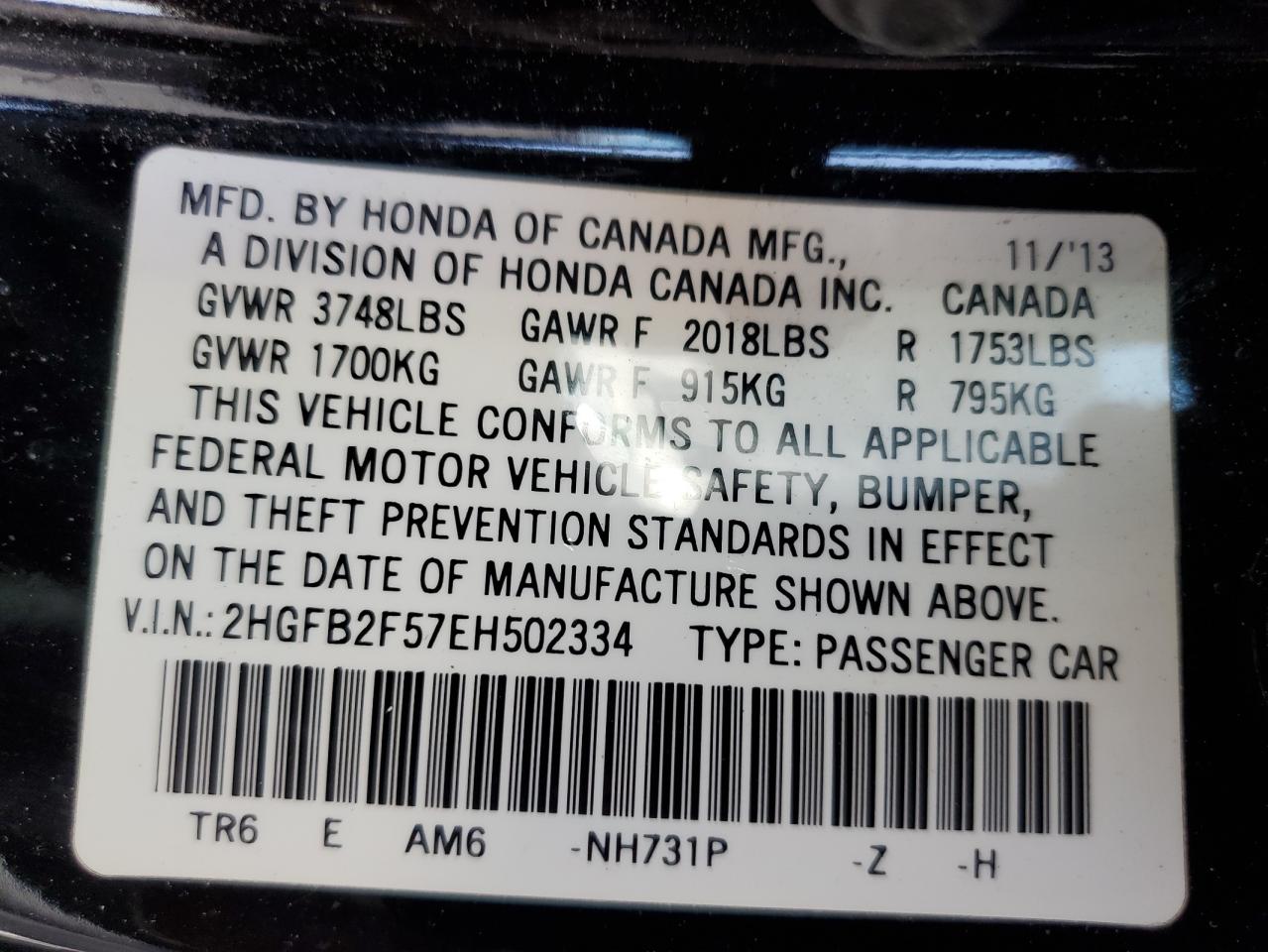 2014 Honda Civic Lx VIN: 2HGFB2F57EH502334 Lot: 65012745