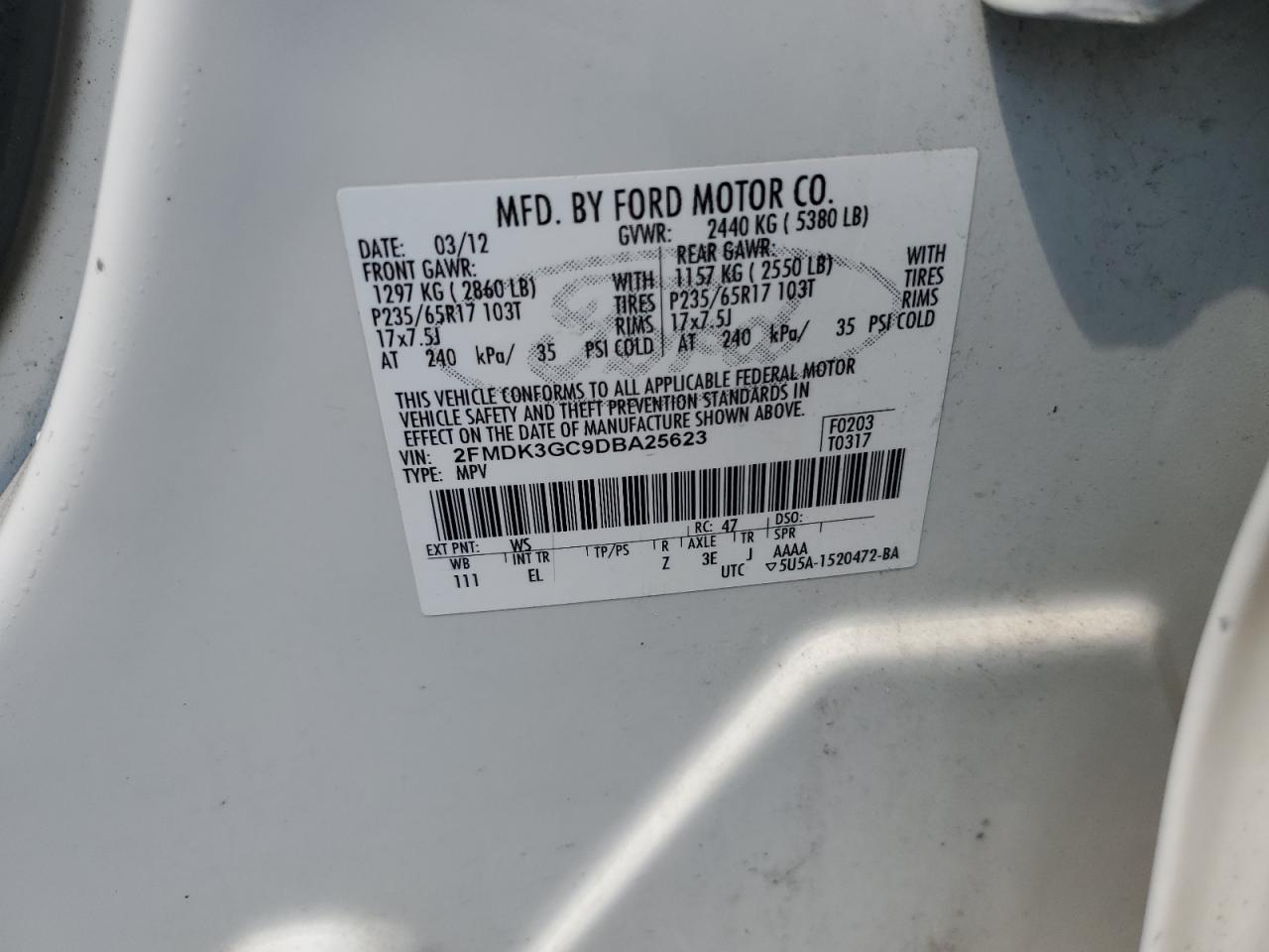 2013 Ford Edge Se VIN: 2FMDK3GC9DBA25623 Lot: 64758295