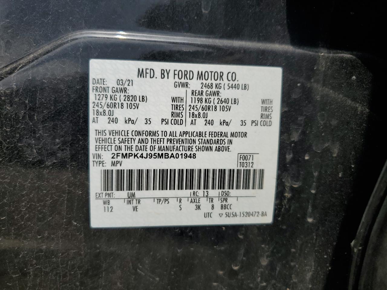 2021 Ford Edge Sel VIN: 2FMPK4J95MBA01948 Lot: 64845665
