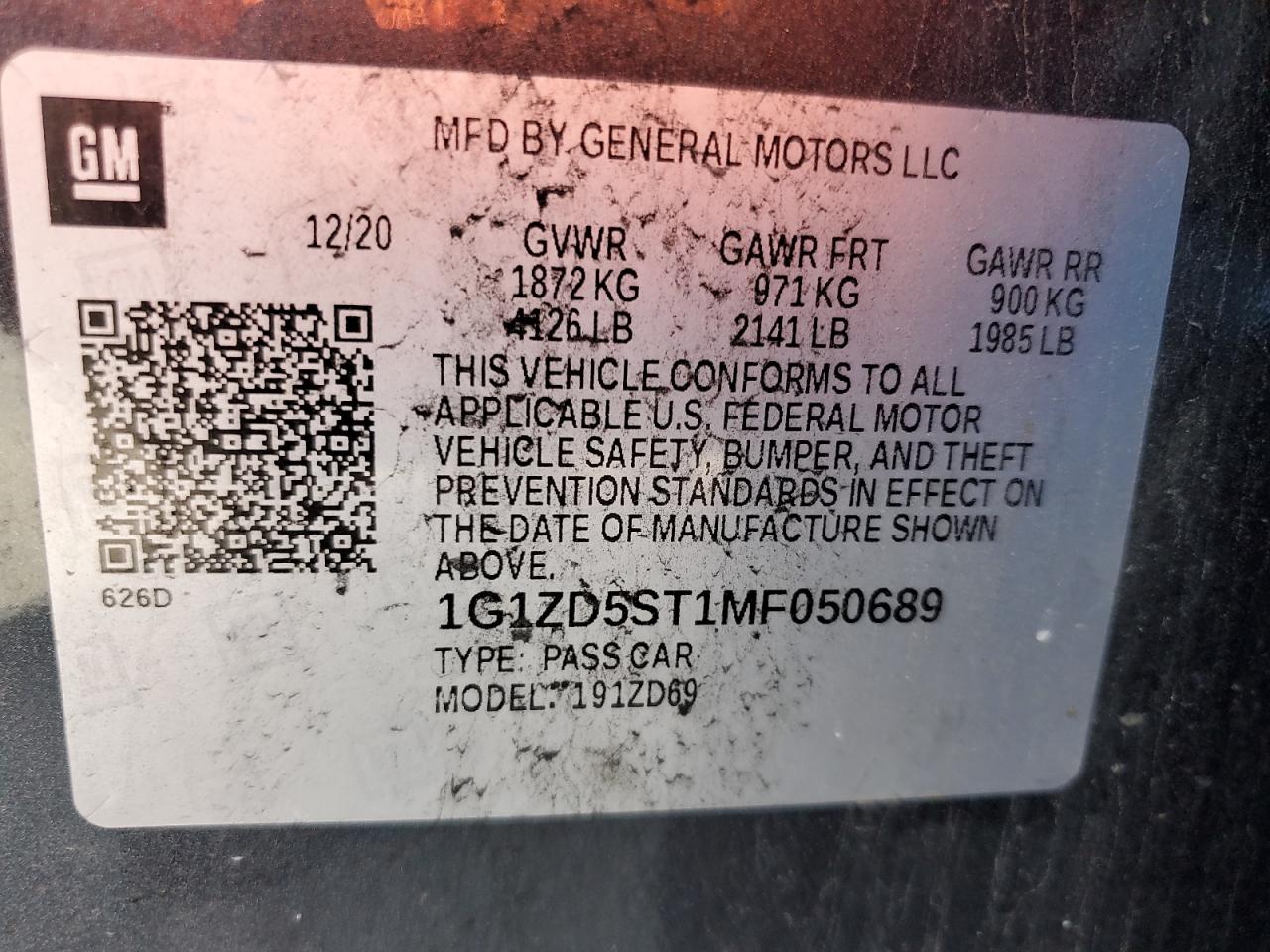 2021 Chevrolet Malibu Lt VIN: 1G1ZD5ST1MF050689 Lot: 64298005