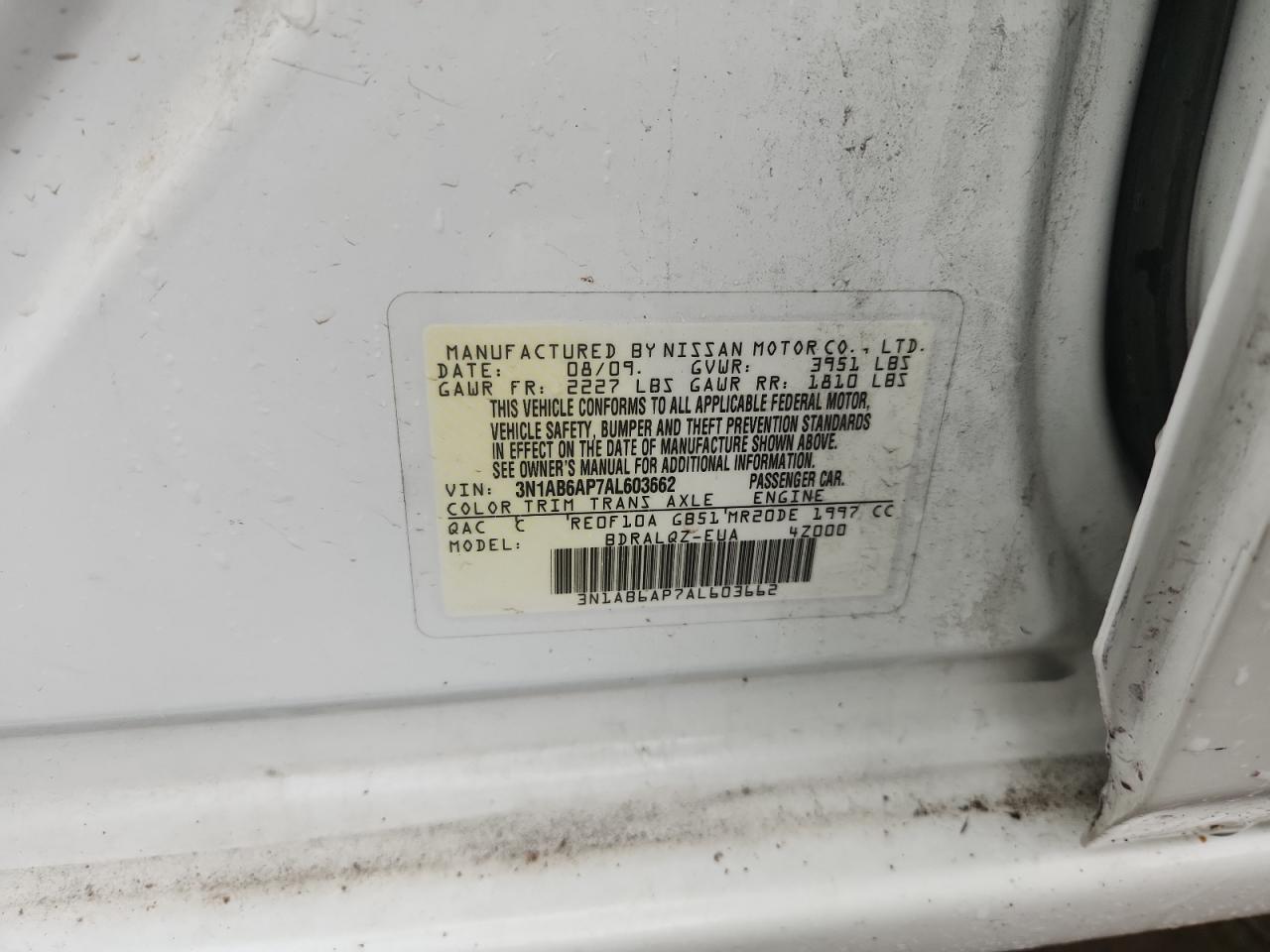 2010 Nissan Sentra 2.0 VIN: 3N1AB6AP7AL603662 Lot: 65039095