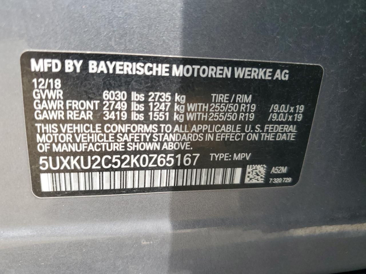 2019 BMW X6 xDrive35I VIN: 5UXKU2C52K0Z65167 Lot: 64619065