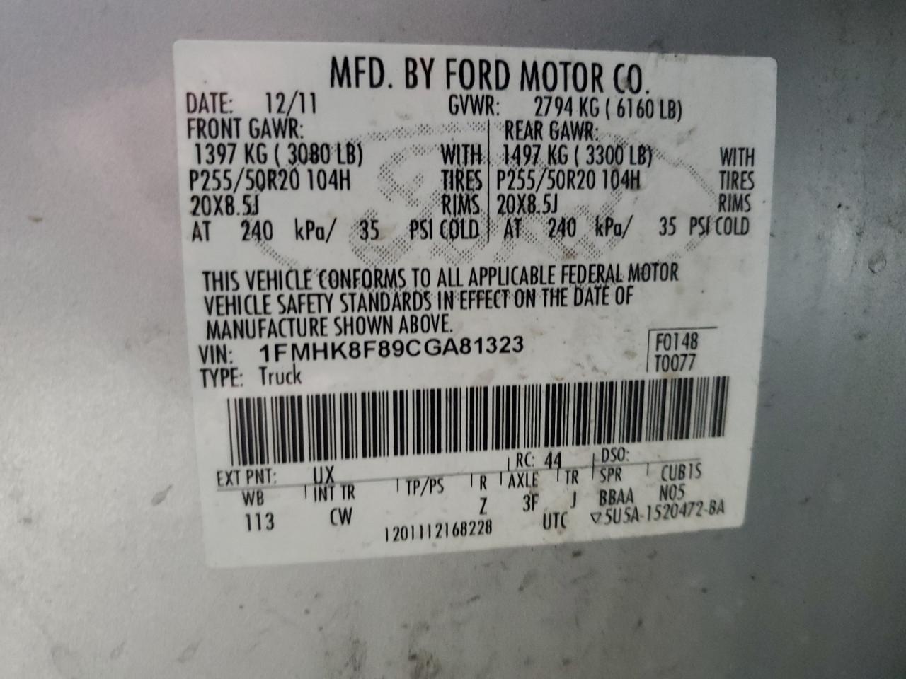 2012 Ford Explorer Limited VIN: 1FMHK8F89CGA81323 Lot: 63231765