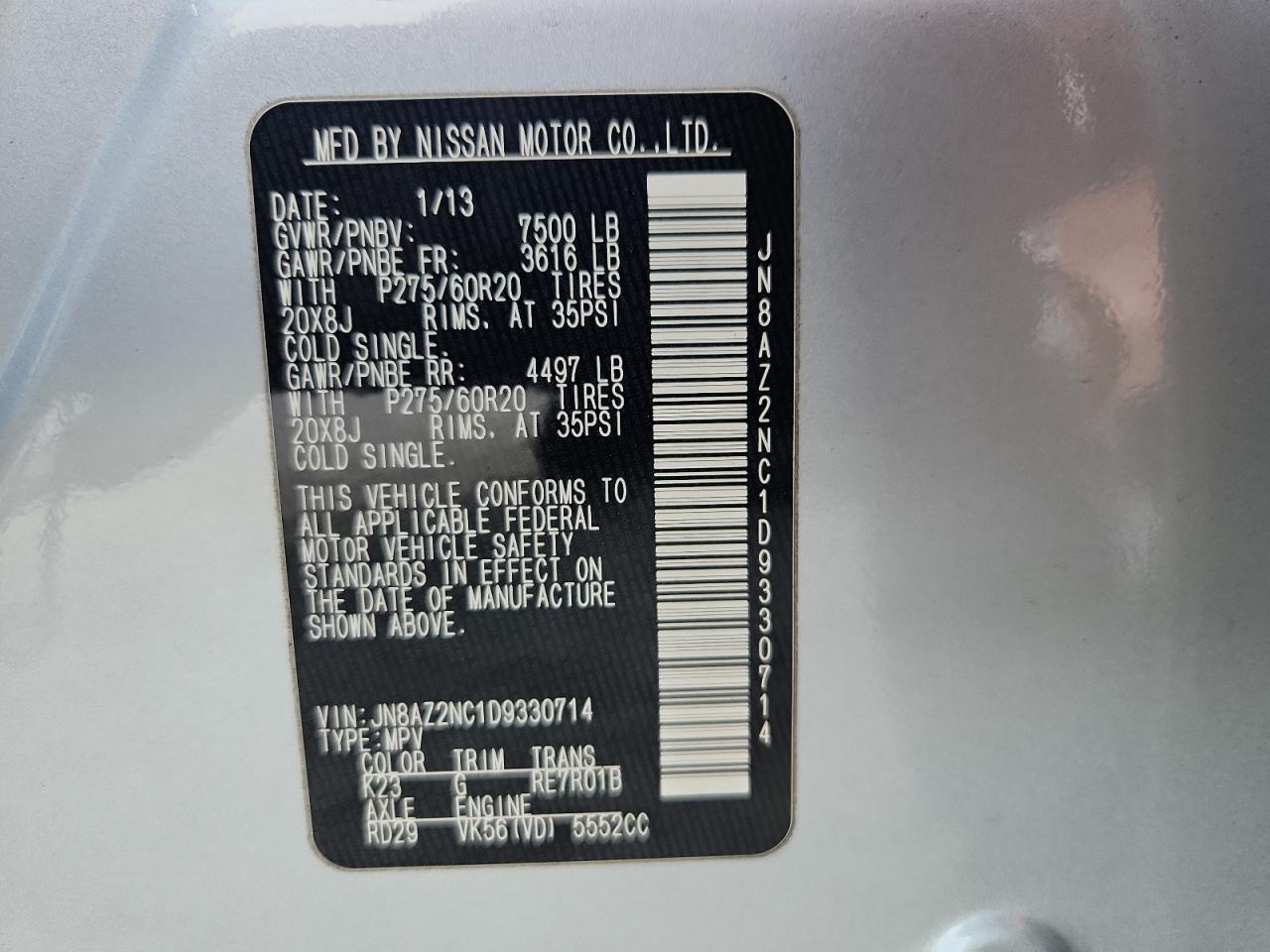 2013 Infiniti Qx56 VIN: JN8AZ2NC1D9330714 Lot: 63577885