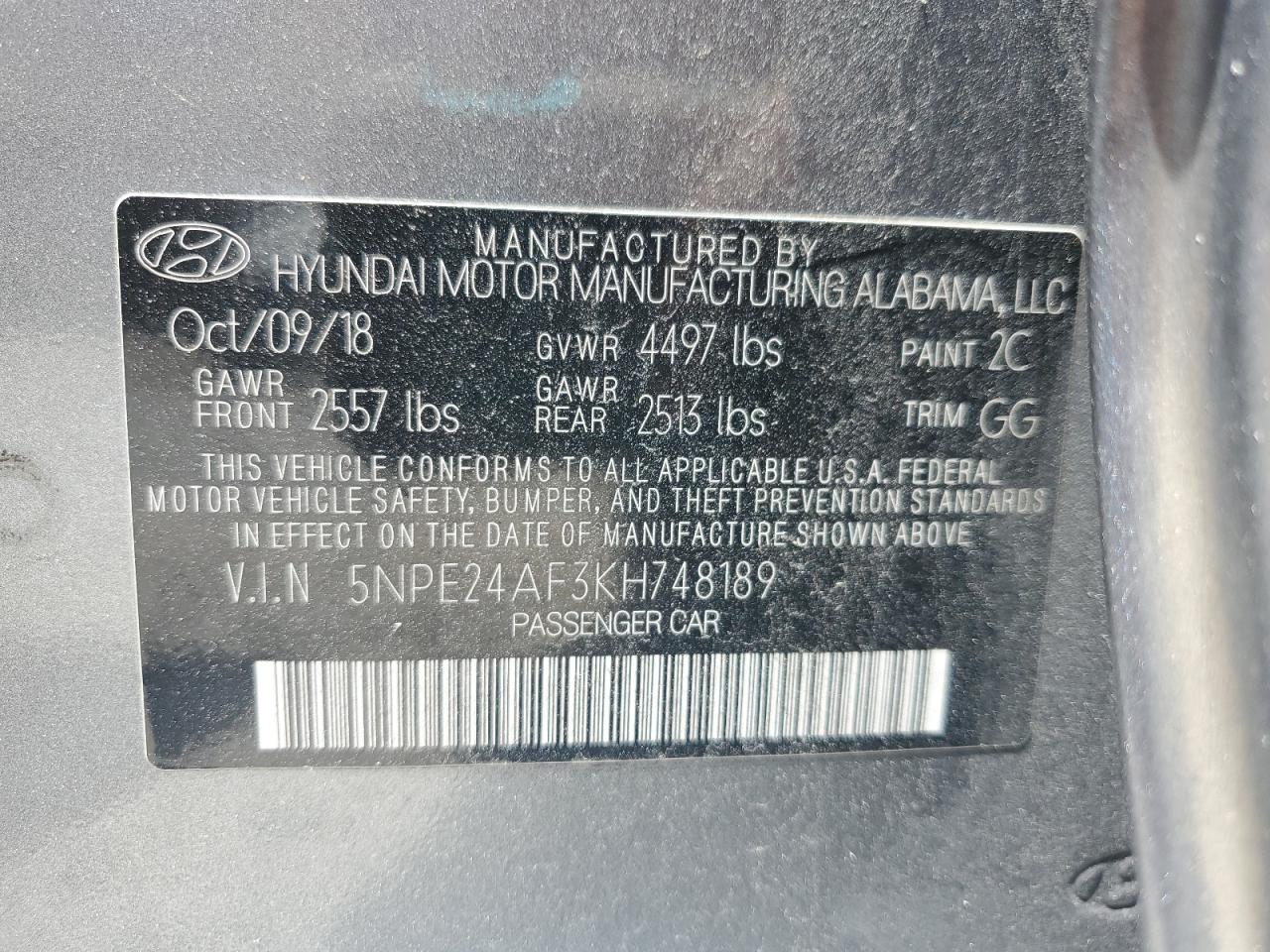 2019 Hyundai Sonata Se VIN: 5NPE24AF3KH748189 Lot: 64970095