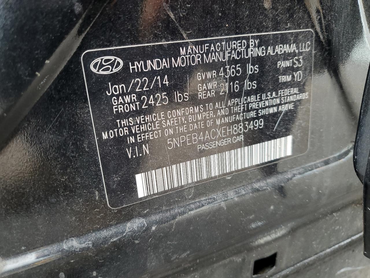 2014 Hyundai Sonata Gls VIN: 5NPEB4ACXEH883499 Lot: 63054325