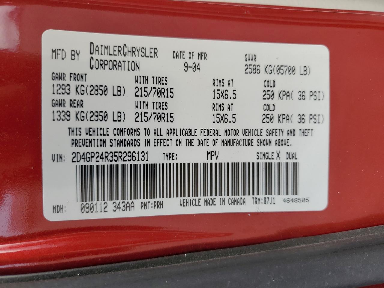 2005 Dodge Grand Caravan Se VIN: 2D4GP24R35R296131 Lot: 61439985