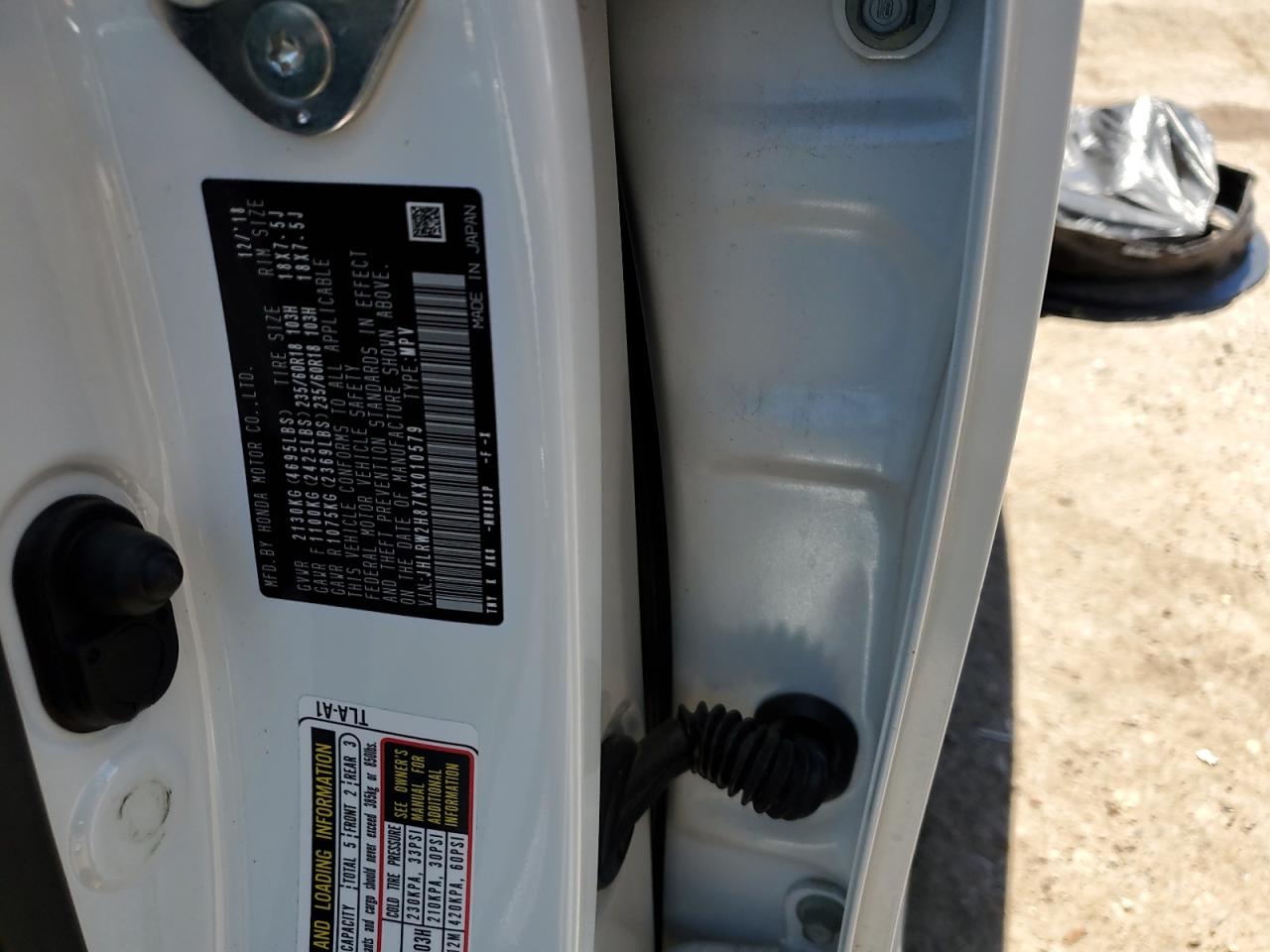 2019 Honda Cr-V Exl VIN: JHLRW2H87KX010579 Lot: 64403705