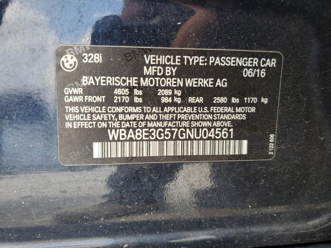 2016 BMW 328 Xi Sulev VIN: WBA8E3G57GNU04561 Lot: 64429095
