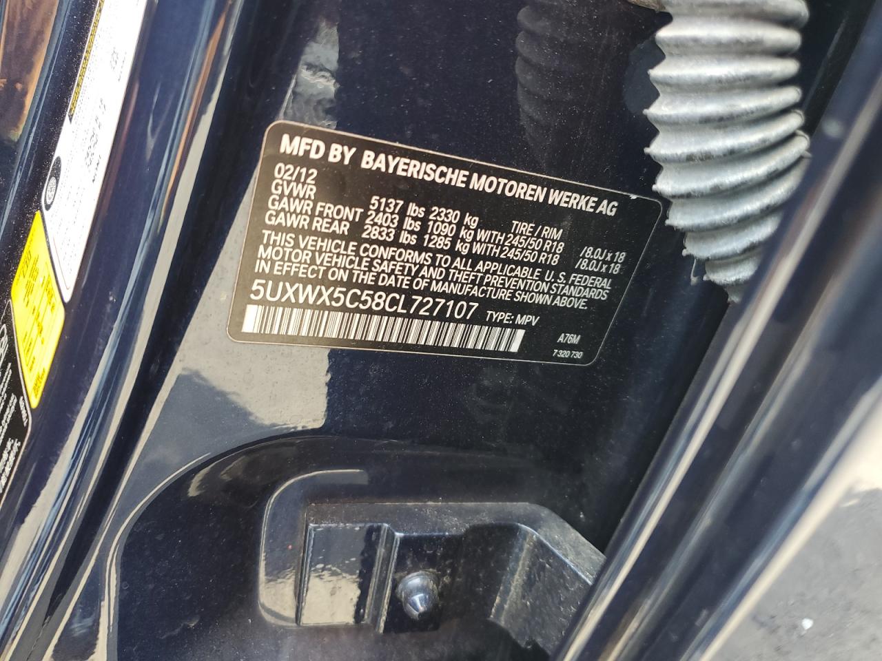 2012 BMW X3 xDrive28I VIN: 5UXWX5C58CL727107 Lot: 65516475