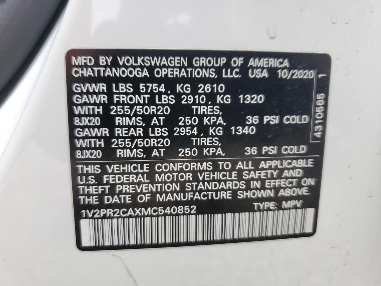 2021 Volkswagen Atlas Se VIN: 1V2PR2CAXMC540852 Lot: 63437895