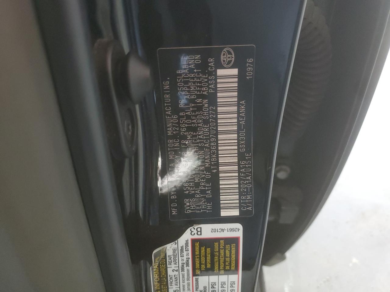 2007 Toyota Avalon Xl VIN: 4T1BK36B97U207272 Lot: 66381425