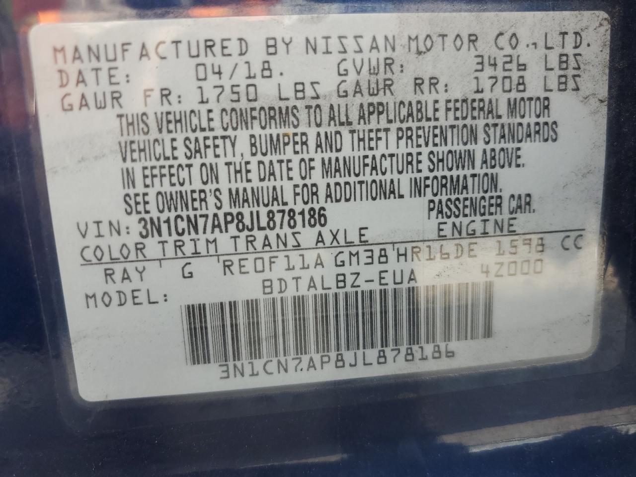 2018 Nissan Versa S VIN: 3N1CN7AP8JL878186 Lot: 64702865