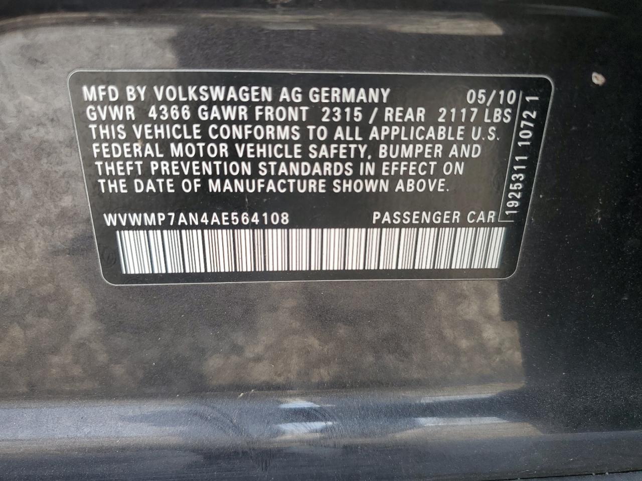2010 Volkswagen Cc Sport VIN: WVWMP7AN4AE564108 Lot: 65135475