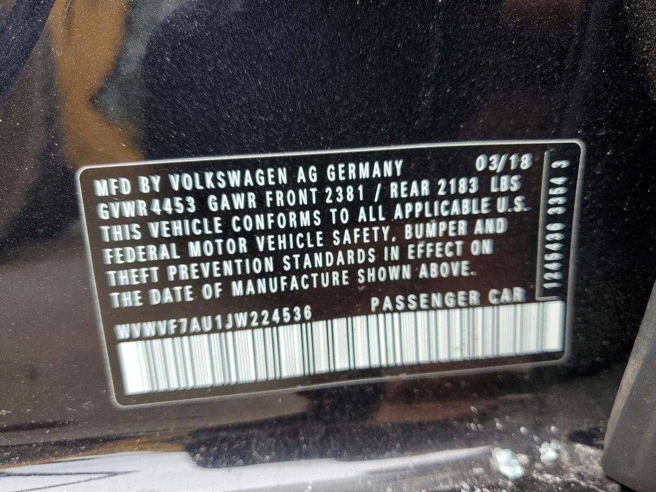 2018 Volkswagen Golf R VIN: WVWVF7AU1JW224536 Lot: 64383735